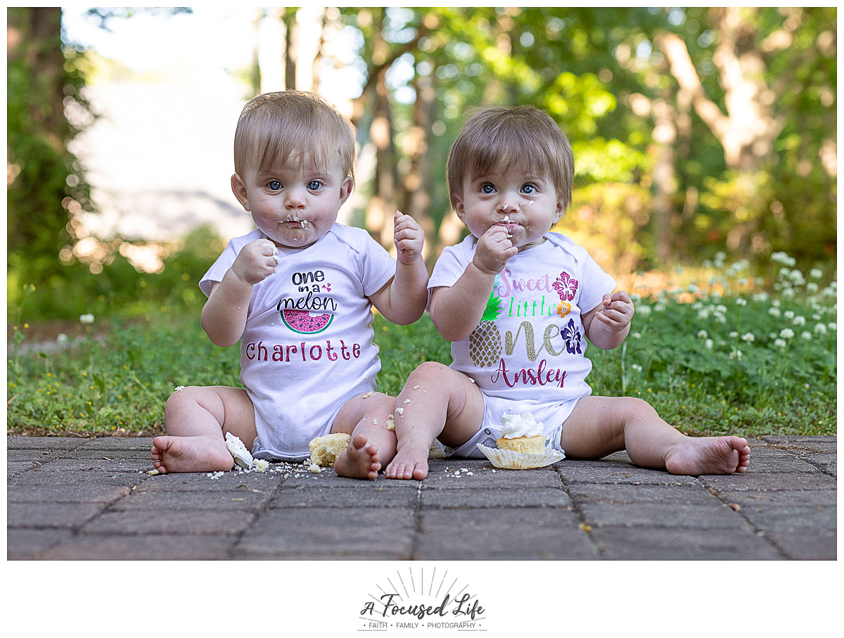twin sisters eating smash cake for first birthday
