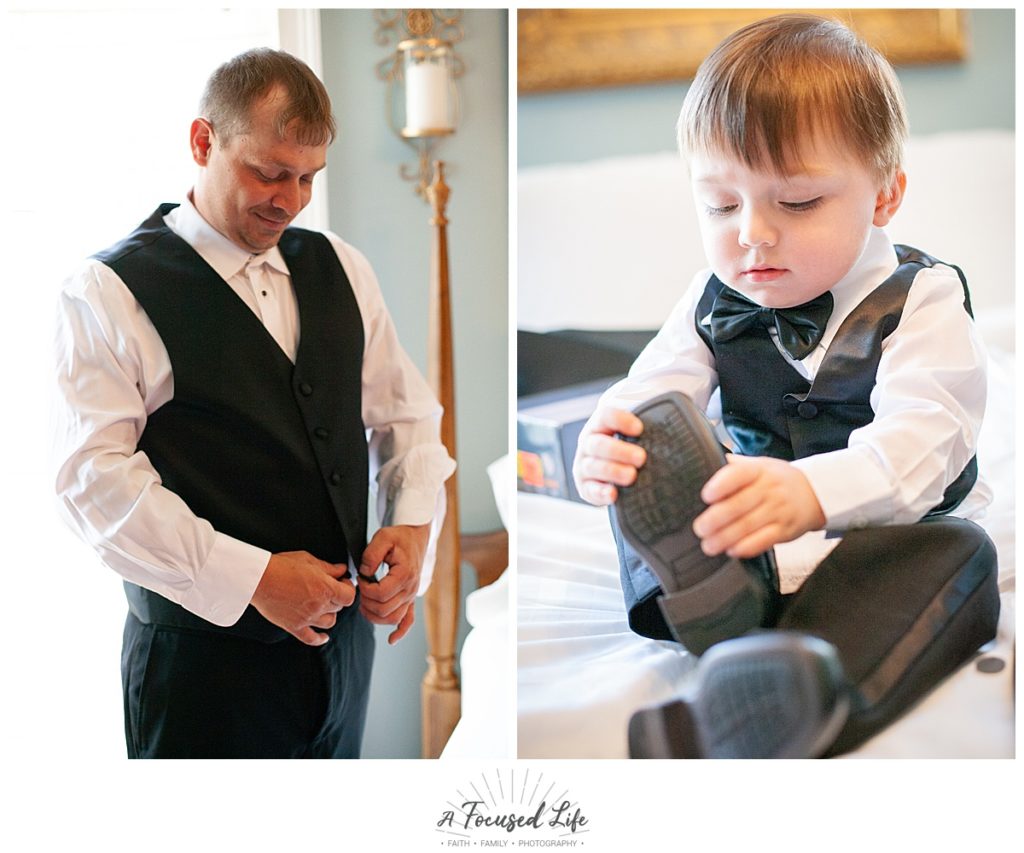 Groom and Ring bearer getting dressed for Intimate white chapel summer wedding at Foster Brady Farm in Monroe, GA by Georgia wedding photographers A Focused Life Photography