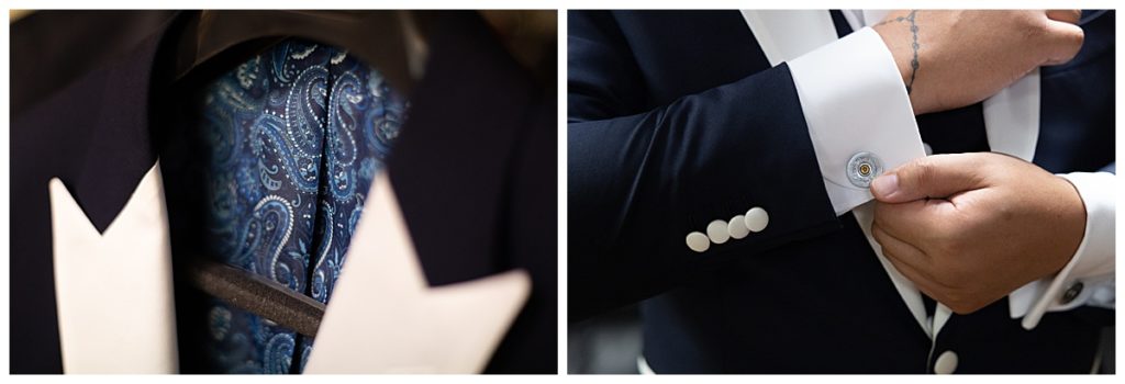 Close up detail shots of grooms cuffs and tie