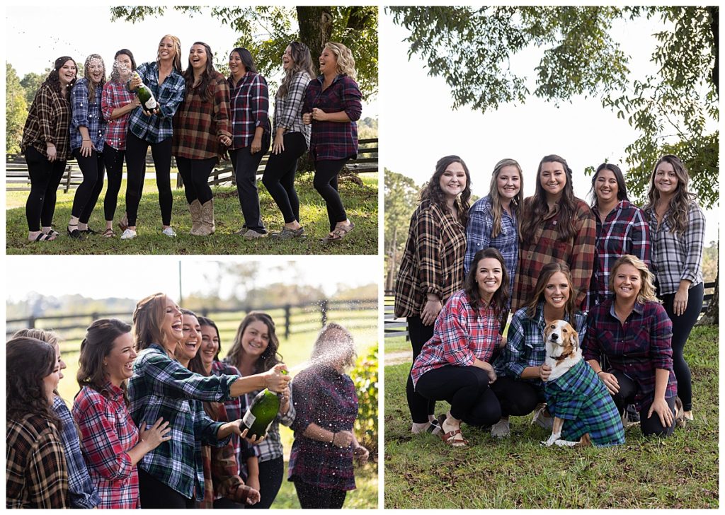 Collage of the bride and her bridesmaids in flannel shirts popping bottle of champagne outside