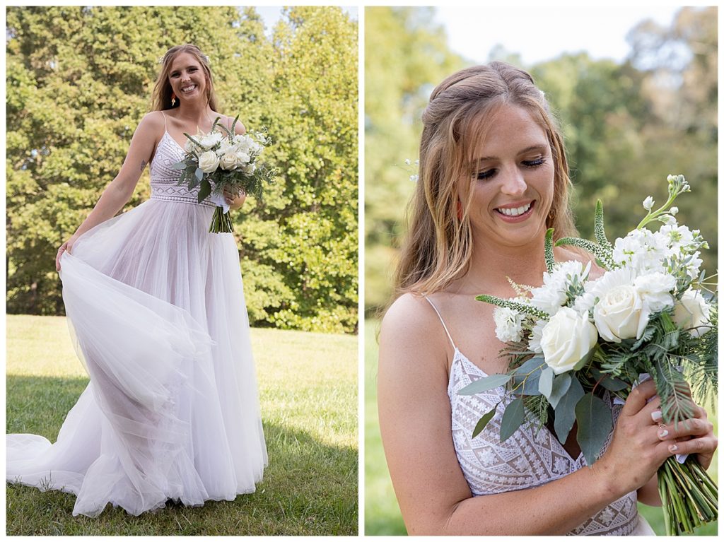 Collage of the bride wearing her dress holding her flowers outside with green trees in background