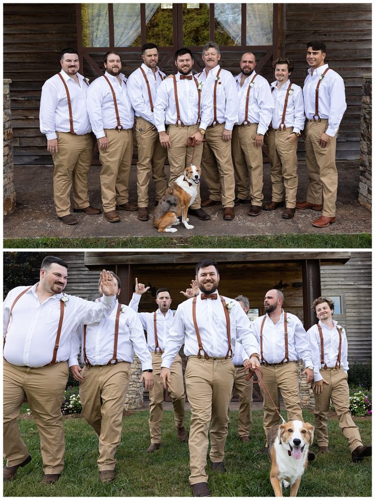 Collage of groom and groomsmen outside in front of wooden building