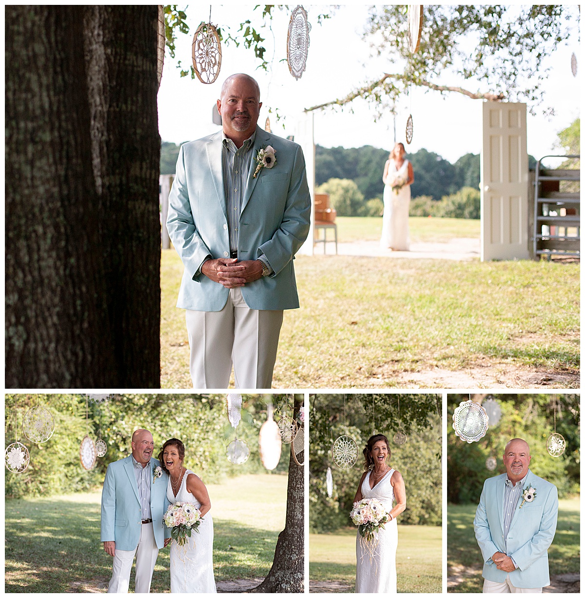 bride and groom during first look before vintage DIY wedding with doilies hanging from tree