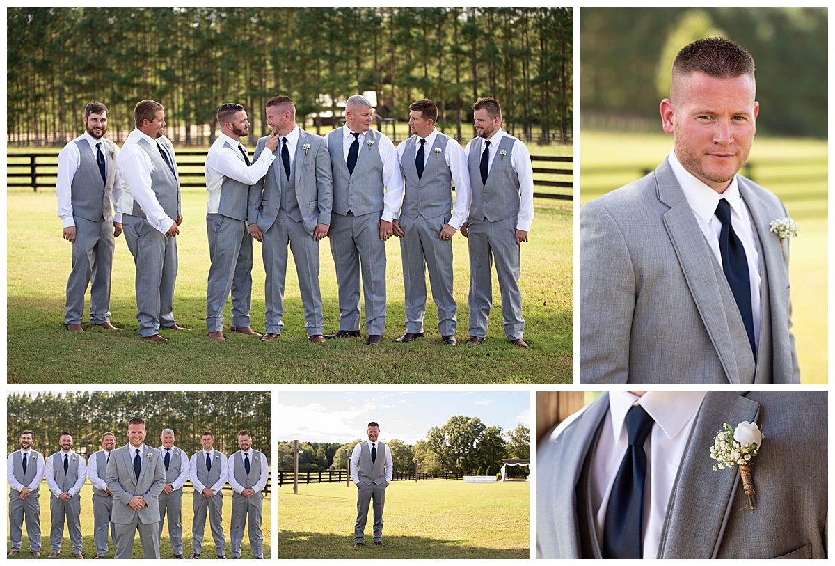 monroe photographer a focused life photography wedding vintage oaks farms watkinsville ga groom groomsmen gray suit posed