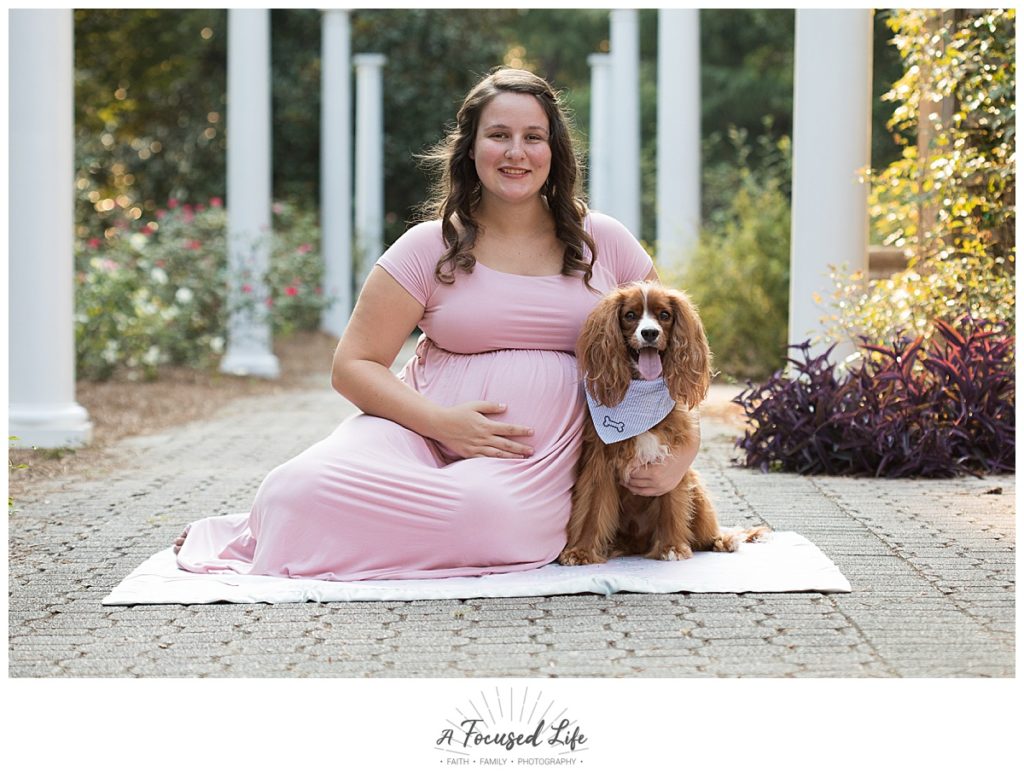 Pregnant mom posing for maternity pictures with Cocker Spaniel puppy dog at Vines Park in Loganville