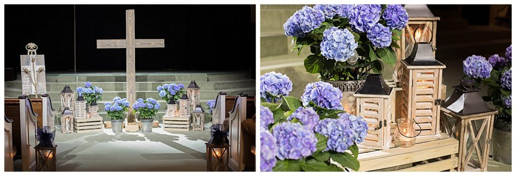 Rustic wedding decorations at a church alter with blue hydrangea and wooden lanterns