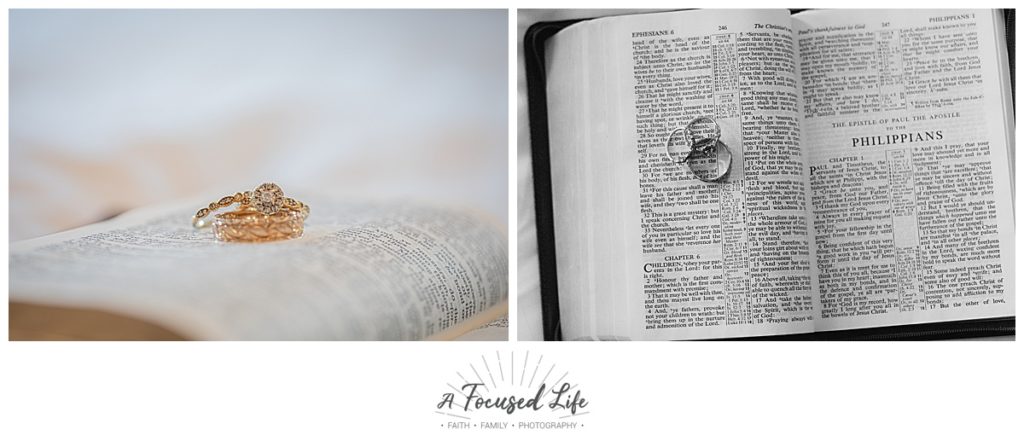 Detailed ring shot on Bible for Intimate white chapel summer wedding at Foster Brady Farm in Monroe, GA by Georgia wedding photographers A Focused Life Photography