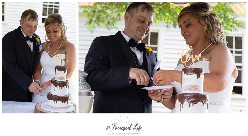 Bride and groom cutting wedding cake  made by The Posh Cakery in Monroe GA