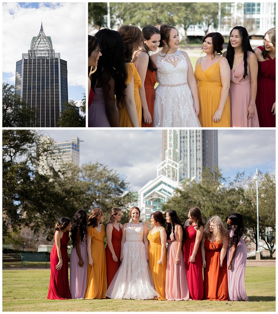 Collage of Bride with Bridesmaids in multicolored dresses at Cooper Riverside Park in Mobile, AL
