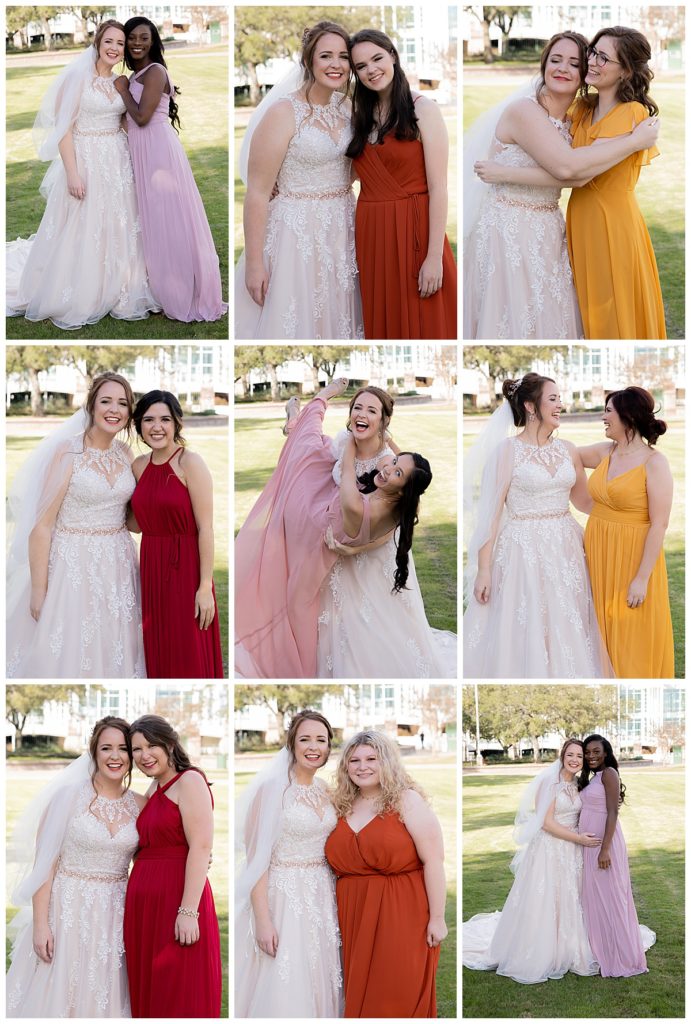 Collage of Bride with each Bridesmaid in multicolored dresses at Cooper Riverside Park in Mobile, AL
