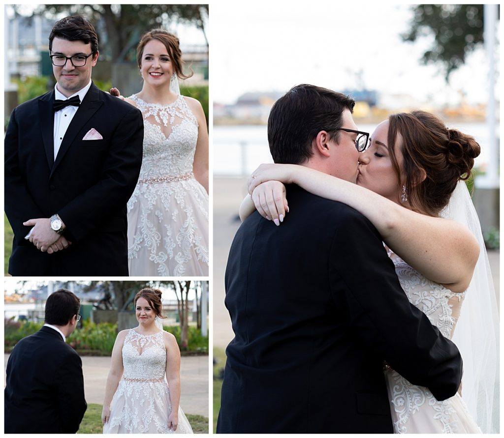 Collage of Bride and Groom's first look at Cooper Riverside Park in Mobile, AL