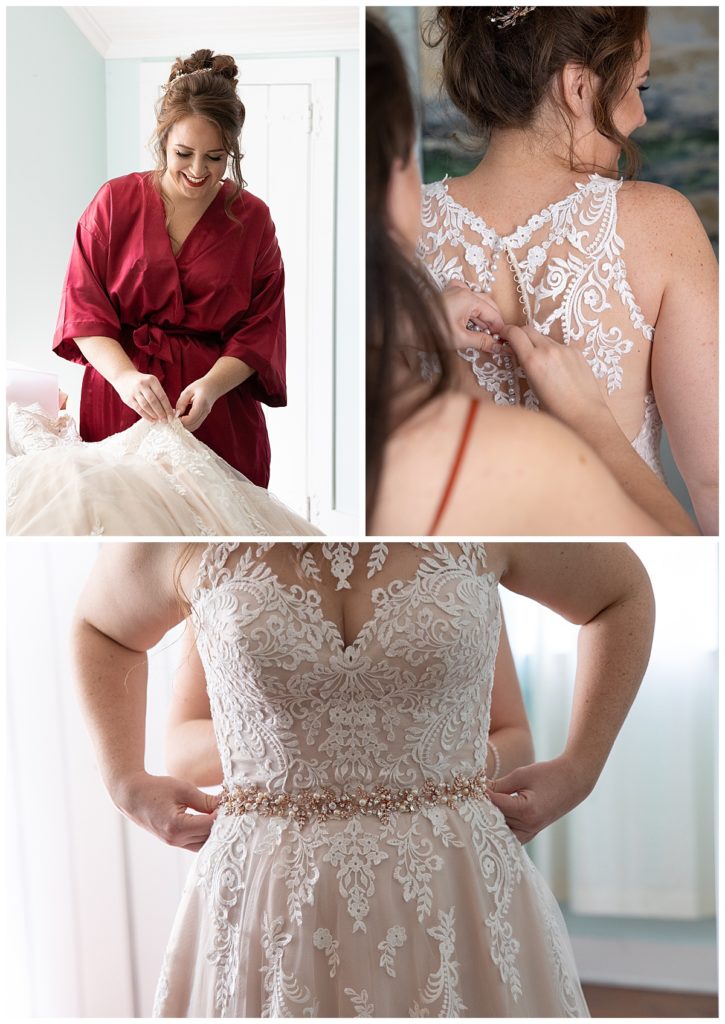 Bridal detail collage with lace gown at Kirk House and Gardens in Mobile, AL