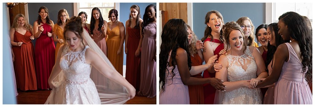 First look of Bride with Bridesmaids with lace gown at Kirk House and Gardens in Mobile, AL