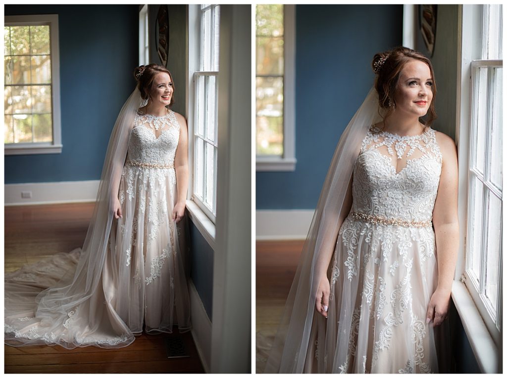 Bride in lace gown at Kirk House and Gardens in Mobile, AL
