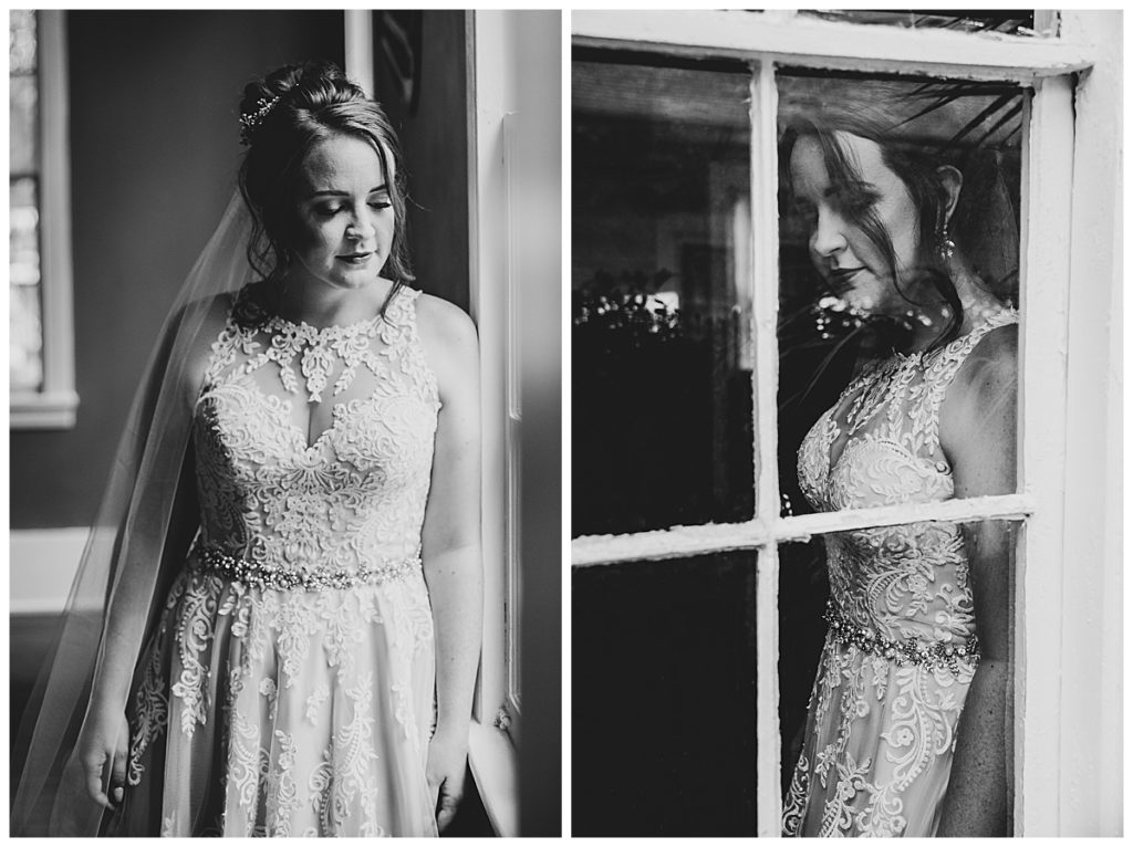 Black and White of Bride in lace gown at Kirk House and Gardens in Mobile, AL