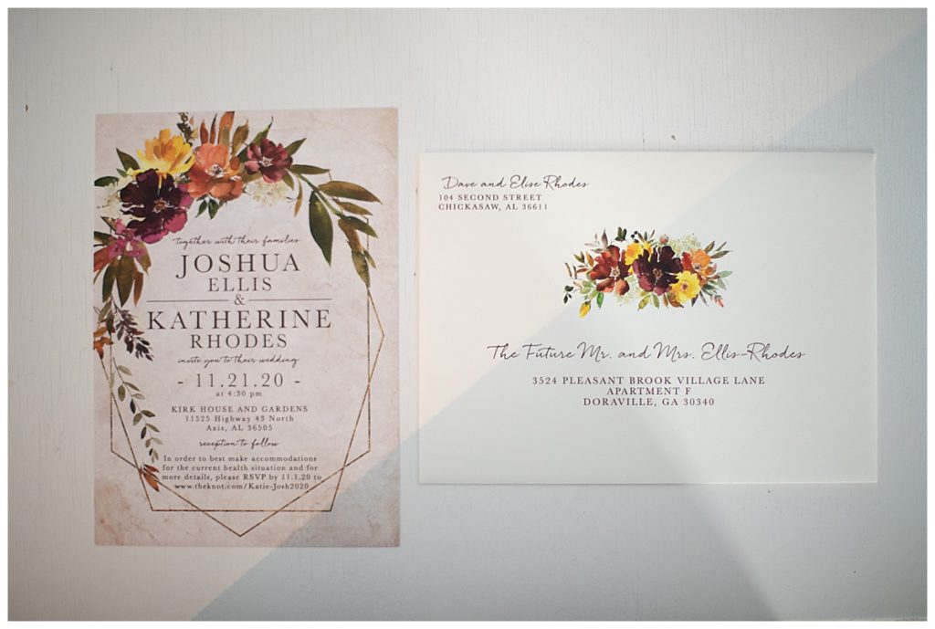 Invitation suite at Kirk House and Gardens in Mobile, AL