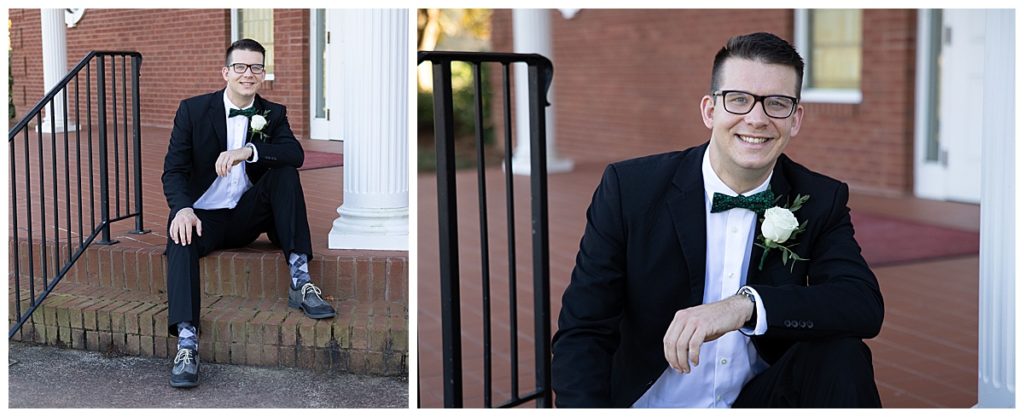 Two different angles of groom in same pose
