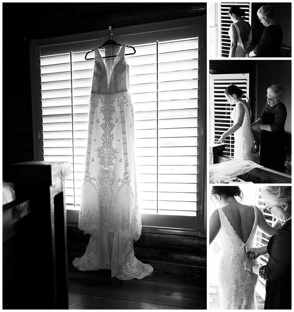 Black and white collage of Bride getting dressed