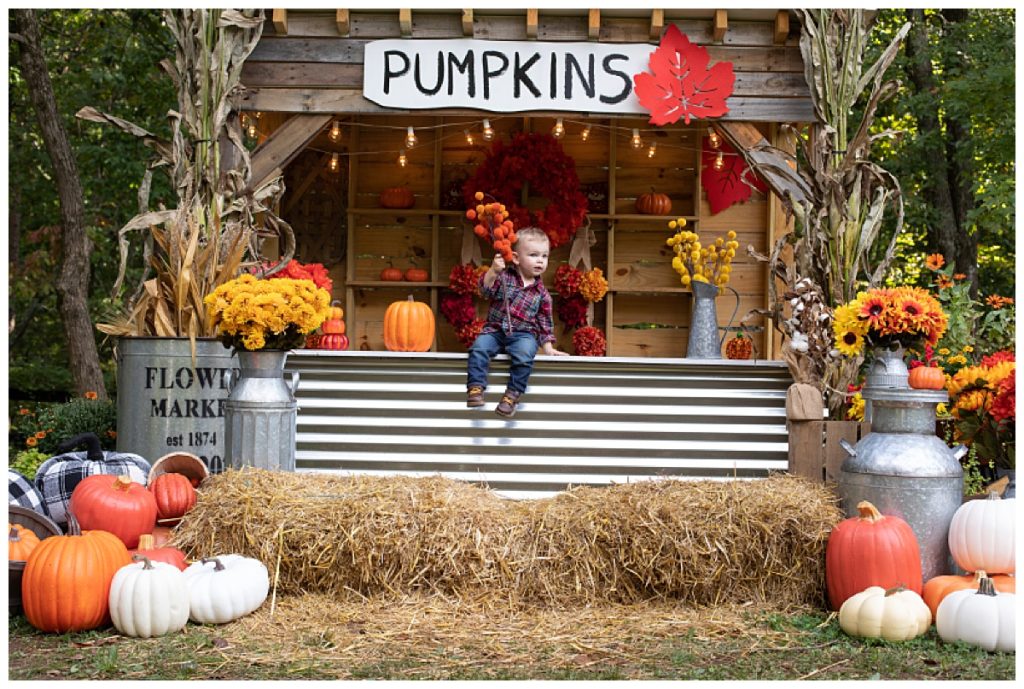 Fall pumpkin patch stand 12 month old milestone session by A Focused Life Photography