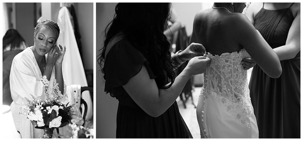 Black and white photo collage of bride putting jewelry and dress on