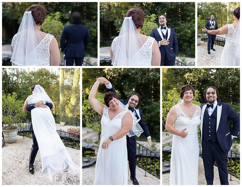 Humorous photo collage of groom with a fake bride joke first look