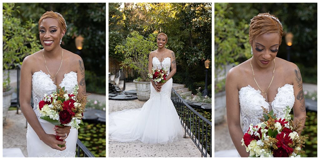Photo collage of the bride smiling outside with green trees in background