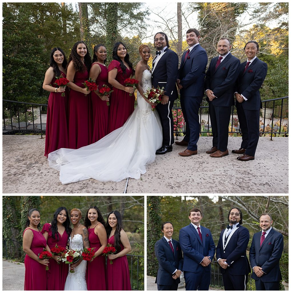 Photo collage of wedding party outside with green trees in background