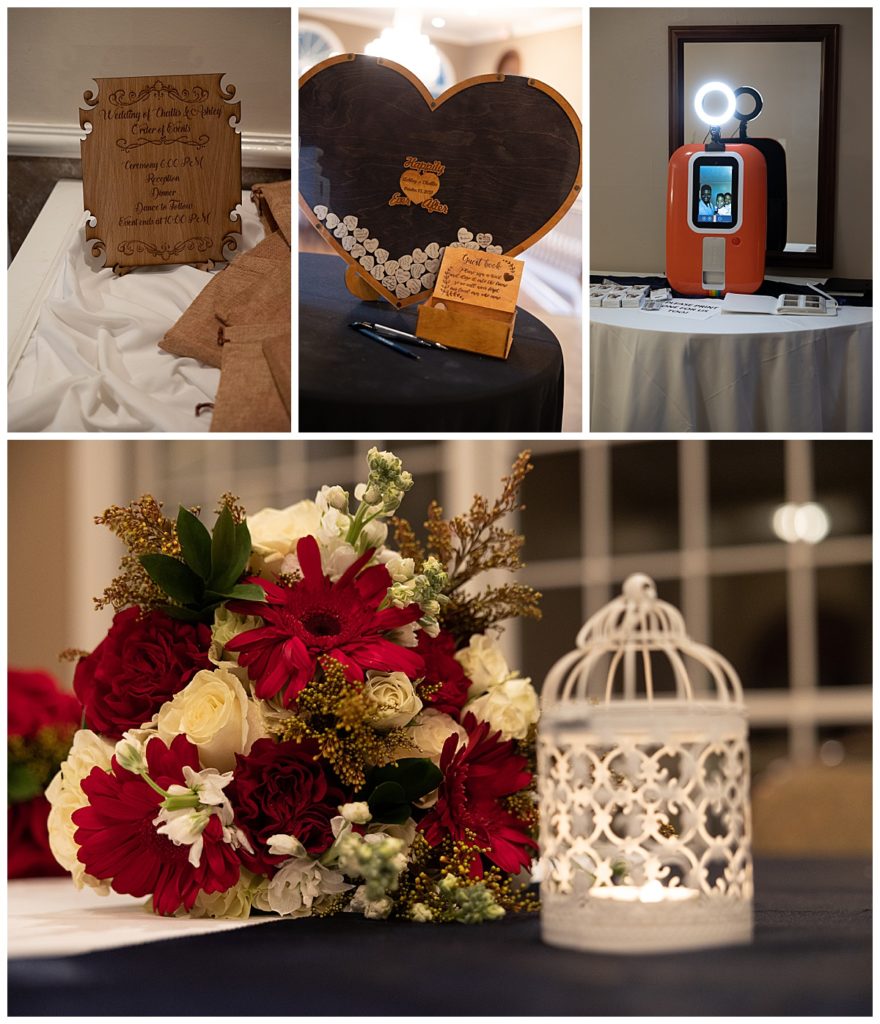 Collage of reception details including red and white flowers and wooden plaque