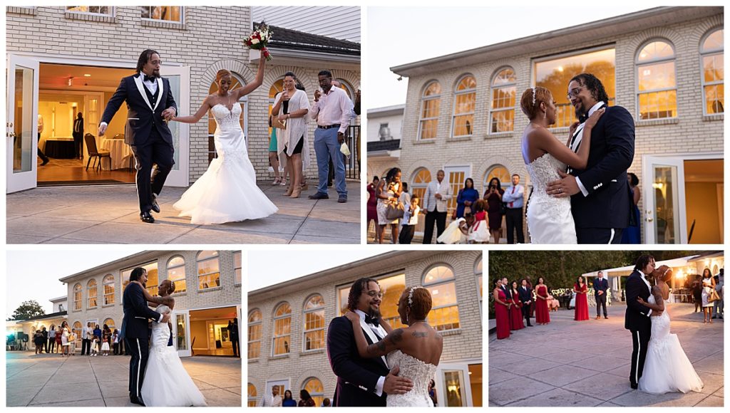 Collage of bride and groom dancing outside with building in background