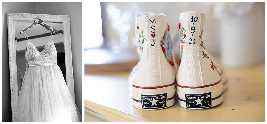 Collage of bride’s dress hanging on a mirror and converse shoes with wedding date and initials written on them.