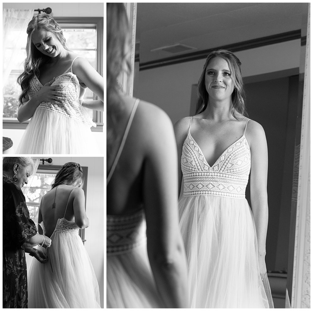Black and white collage of shots of the bride getting her dress on