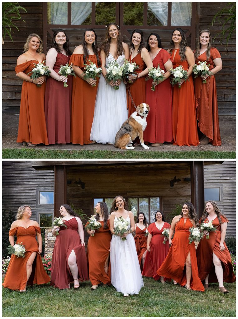 Photo collage of the bride and her bridesmaids in wedding attire outside in front of wooden building