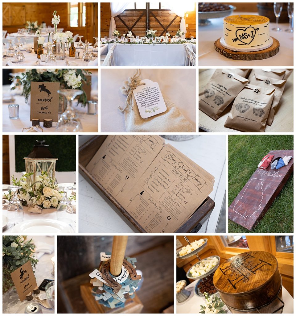 Collage of detail pictures from the venue including reception table set up, cake, name tags, guest gifts, and games