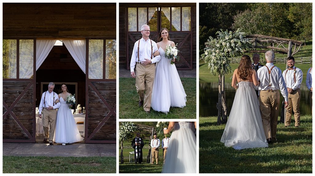 Collage of the bride’s father walking her down the aisle outside with wooden building in the background