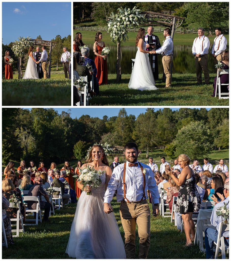 Collage of outdoor ceremony with green grass, trees and blue sky in background