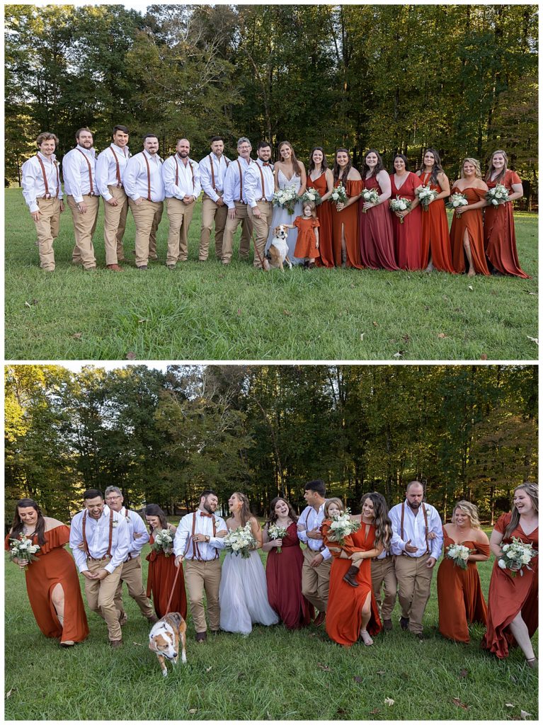 Collage of wedding party after the ceremony with green trees in background