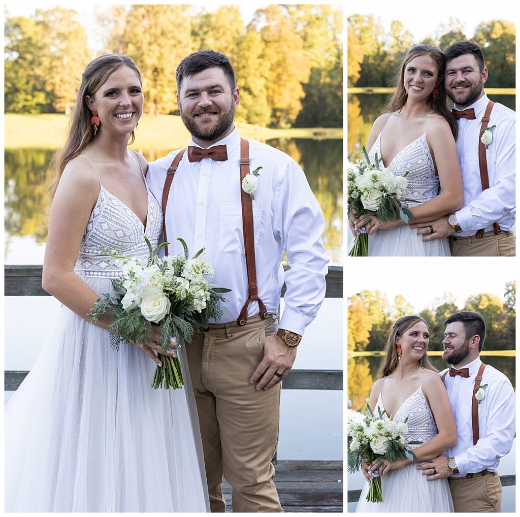 Collage of bride and groom wearing wedding attire smiling with water and trees in the background