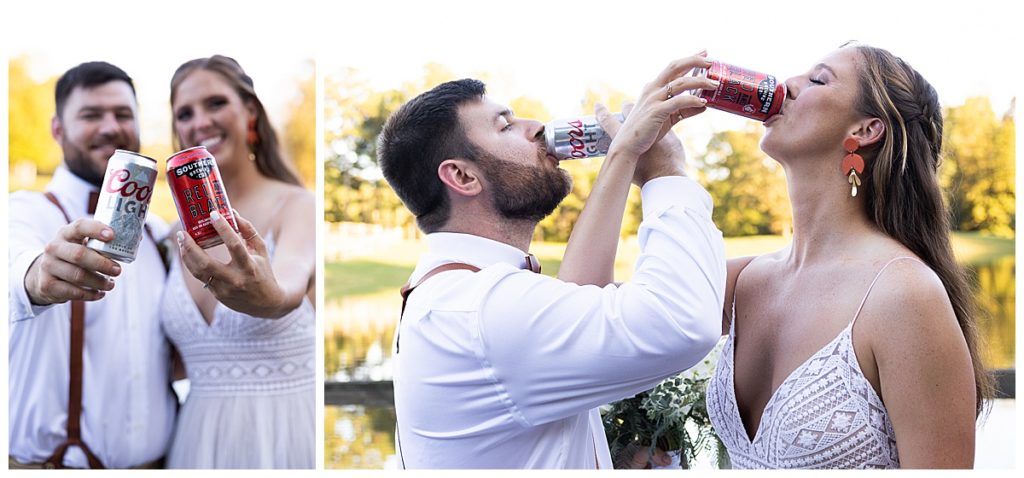 Collage of bride and groom helping each other drink a beer wearing wedding attire