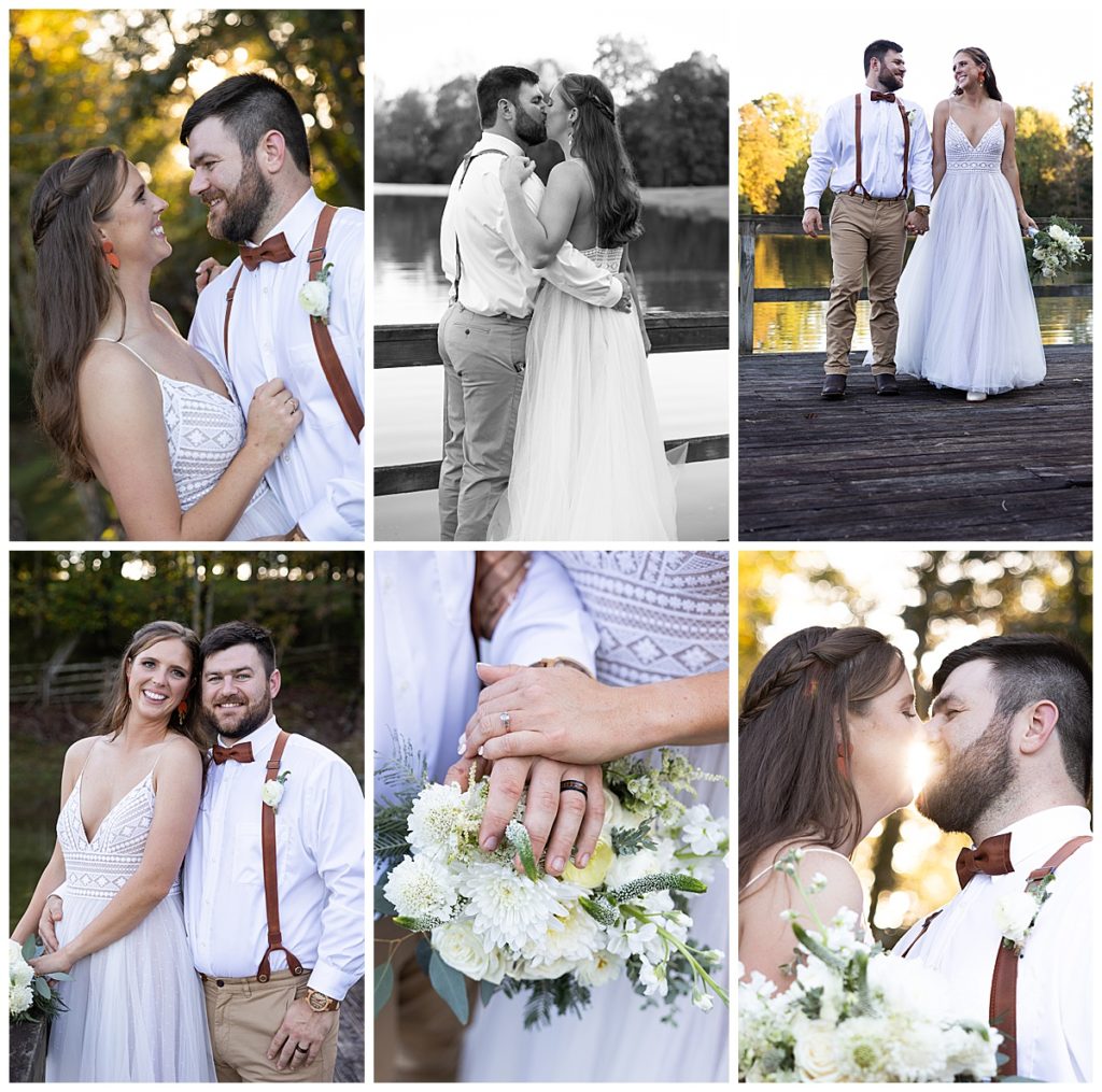Collage of bride and groom wearing wedding attire holding flowers smiling with water and trees in the background