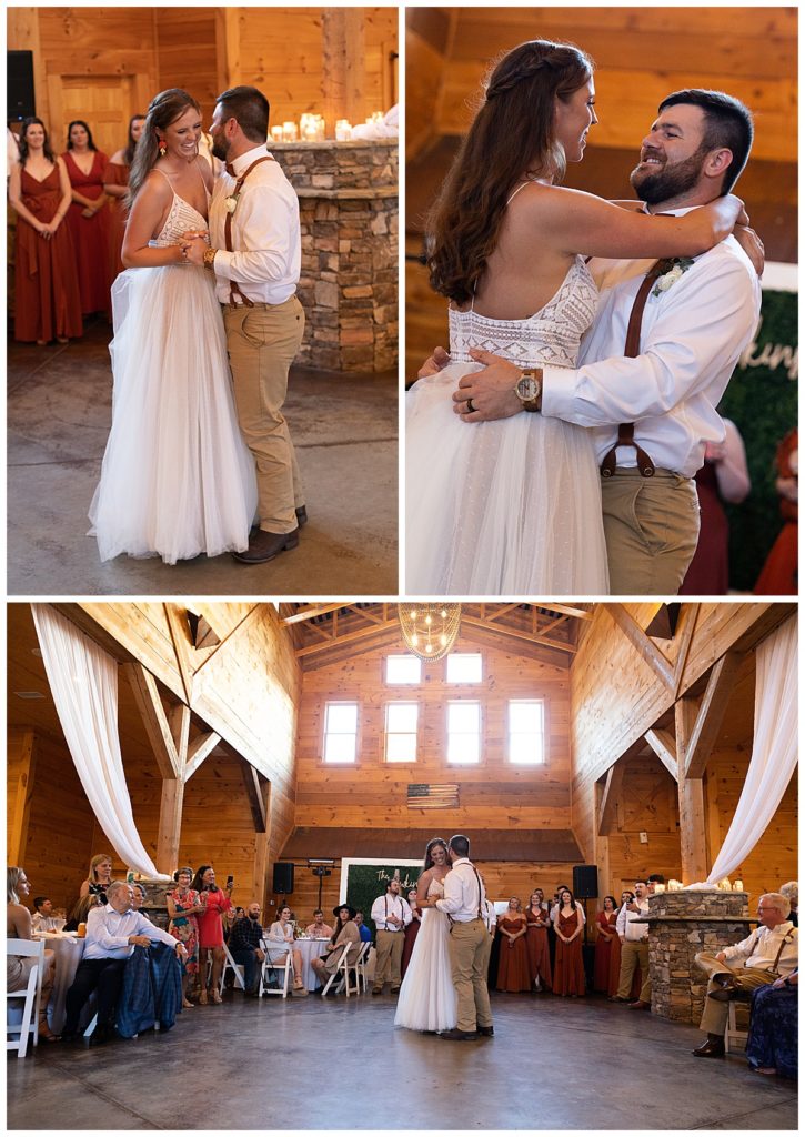Collage of first dance between bride and groom inside barn with arching ceilings and natural light