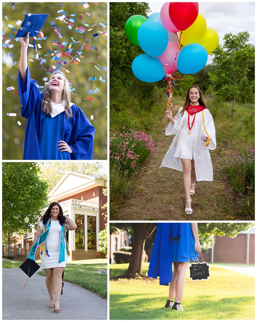 A collage of four images celebrating graduation. The top left photo shows a person in a blue graduation gown tossing a cap into the air with confetti flying around. Top right photo depicts a person in a white graduation gown with red and gold cords, holding a bunch of colorful balloons. Bottom left image captures a person in a white dress with a blue and gold graduation stole walking on a campus sidewalk. In the bottom right, a person in a blue graduation gown holds a sign that says "I'm Done!" while standing on grass with a building in the background.