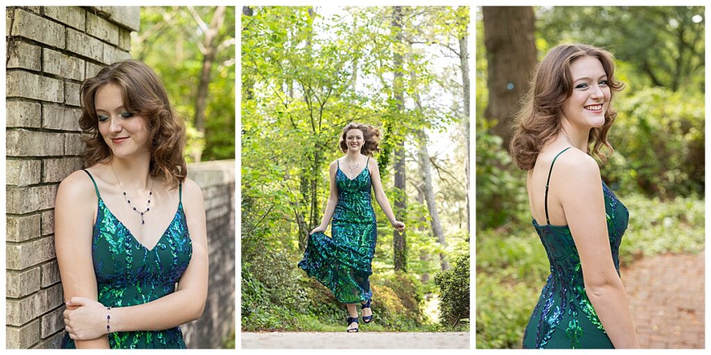 A beautiful young woman in a green dress poses for a prom photo at Vines Park in Loganville, taken by a local photographer.