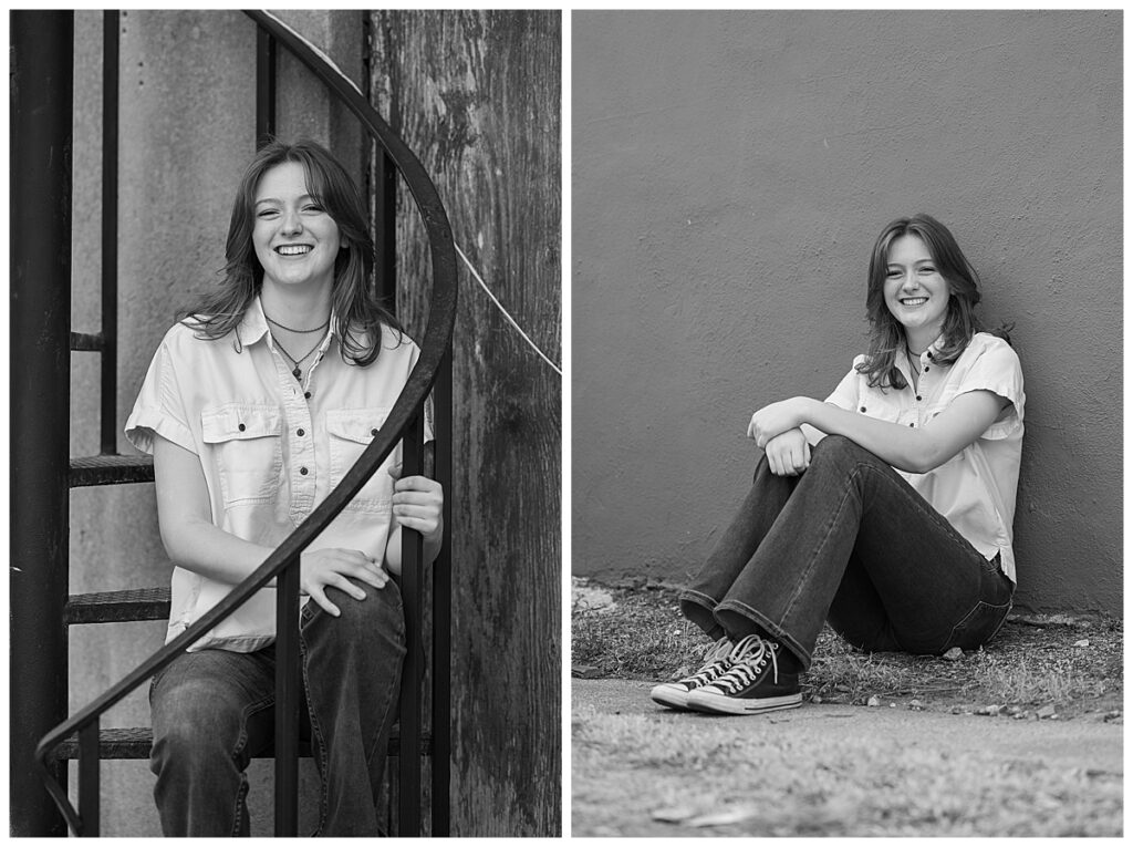 Two black and white photos feature a senior girl wearing high-top Converse sneakers seated on a step, highlighting her personality, taken by a senior photographer in Monroe, GA.